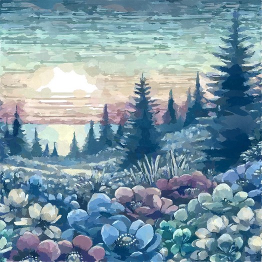 Crédit : peinture à l'eau et digitalisation Printemps sur le Baïkal de Nathalie LAURO y
